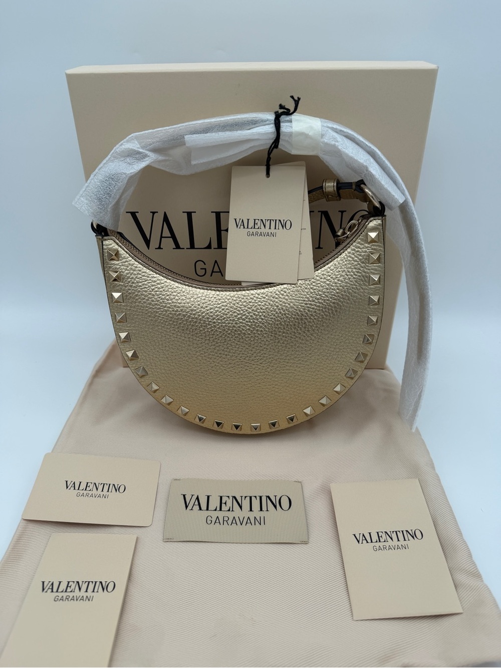 NEW VALENTINO GARAVANI LEATHER ROCKSTUD MINI HOBO GOLD BAG PURSE AUTHENTIC! - Picture 7 of 14